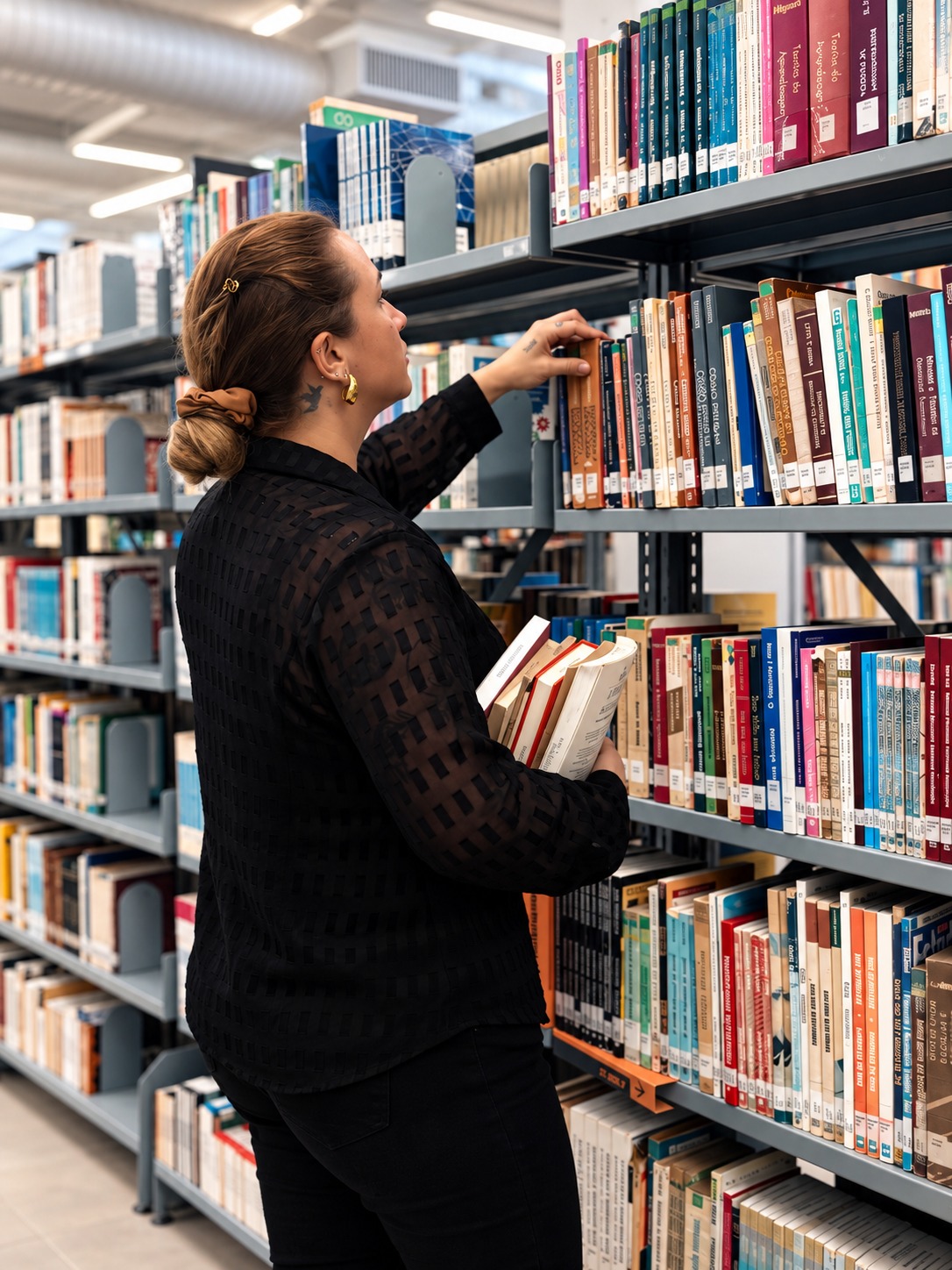 Camila Valentini selecionando livros em uma biblioteca acadêmica.