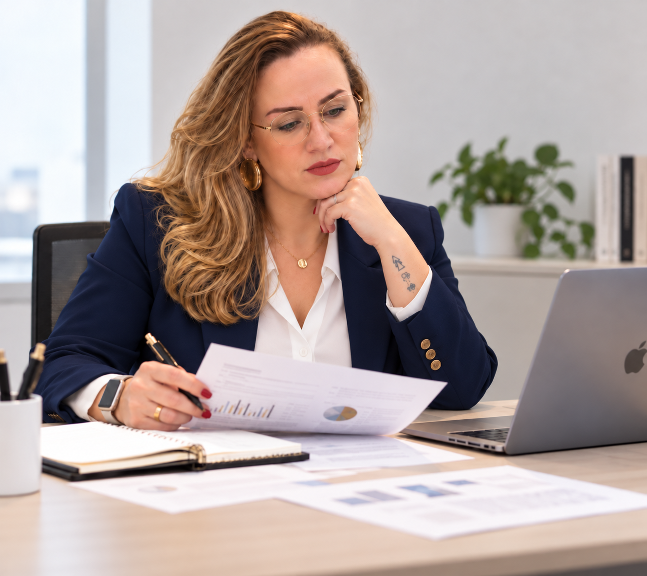 Camila Valentini analisando documentos e informações educacionais em uma mesa de trabalho com notebook.