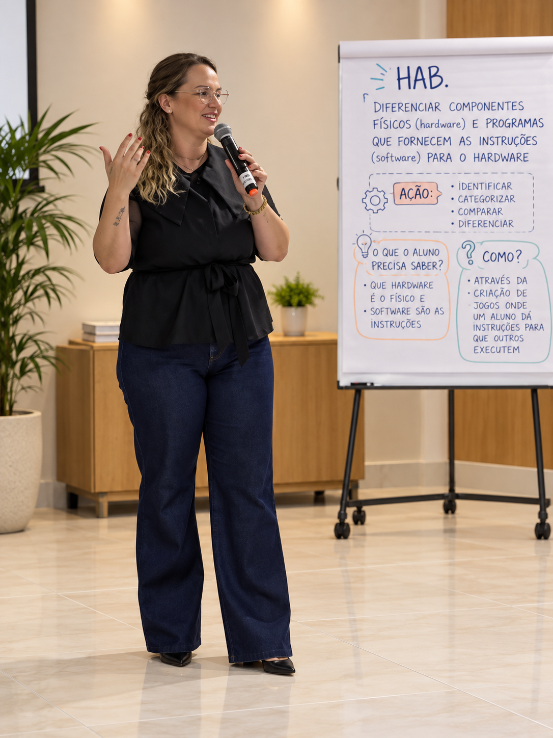 Camila Valentini conduzindo uma formação, com microfone e quadro sobre hardware e software.