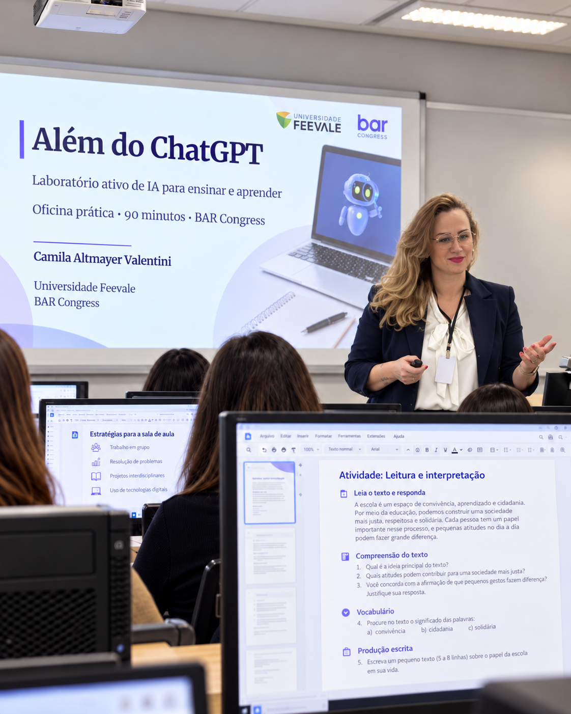 Camila Valentini conduzindo a oficina Além do ChatGPT em um laboratório de informática.