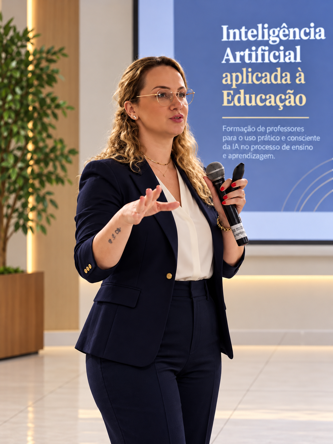 Camila Valentini com microfone, diante de uma apresentação sobre Inteligência Artificial aplicada à Educação.